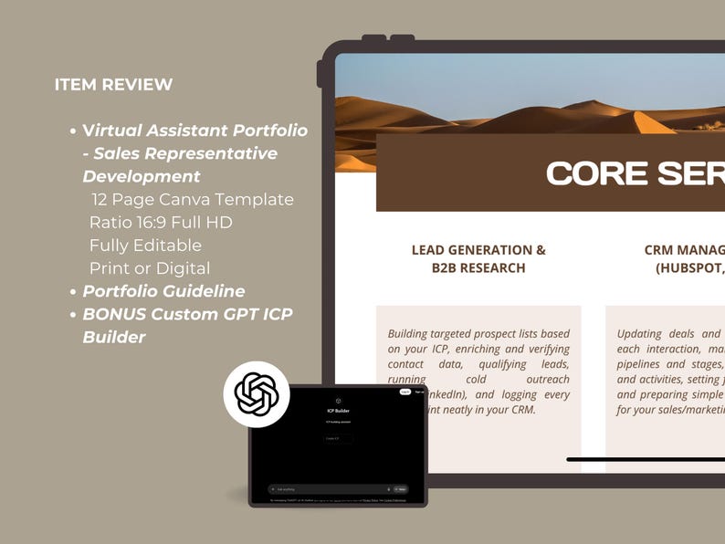 May include: A digital marketing presentation displayed on a tablet and a smaller device. The presentation includes the text "ITEM REVIEW" and details on virtual assistant portfolios, sales representative development, and lead generation.