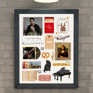 Pode incluir: Uma colagem emoldurada com uma foto de casal, notas musicais e imagens com tema de viagem. Inclui uma foto da Mona Lisa, um pretzel e um gato preto. O texto "I Love You More" é visível.