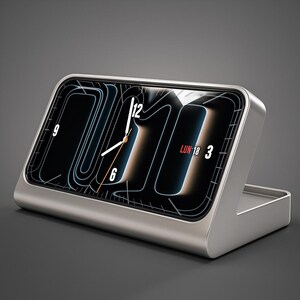 Può includere: Un orologio digitale argentato con display nero. Il quadrante mostra l'ora 7:10, con la data "LUN 18 3" in rosso. L'orologio ha una forma rettangolare e un supporto.