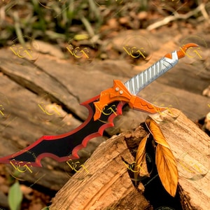 May include: An orange and black fantasy sword with a silver handle. The blade is black with a red trim and a jagged edge. The handle is silver with an orange guard. The sword is resting on a piece of wood.
