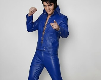 Elvis Presley Iconic 70s Jumpsuit Costume – Royal Blue Leather Cosplay Outfit.