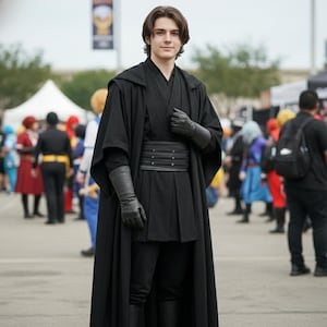 Può includere: Una persona in costume nero, con un lungo mantello con cappuccio, guanti e stivali. Il costume presenta una gonna a pieghe e una cintura larga. La persona è in piedi tra la folla, probabilmente a una convention o a un evento.