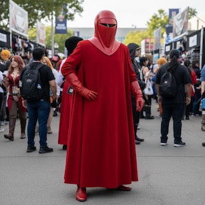 Puede incluir: Una persona con un disfraz rojo, que incluye un casco, guantes y una capa larga, de pie entre la multitud. El disfraz es de un rojo vibrante y sólido. La persona lleva botas rojas. El fondo muestra a otras personas y puestos.