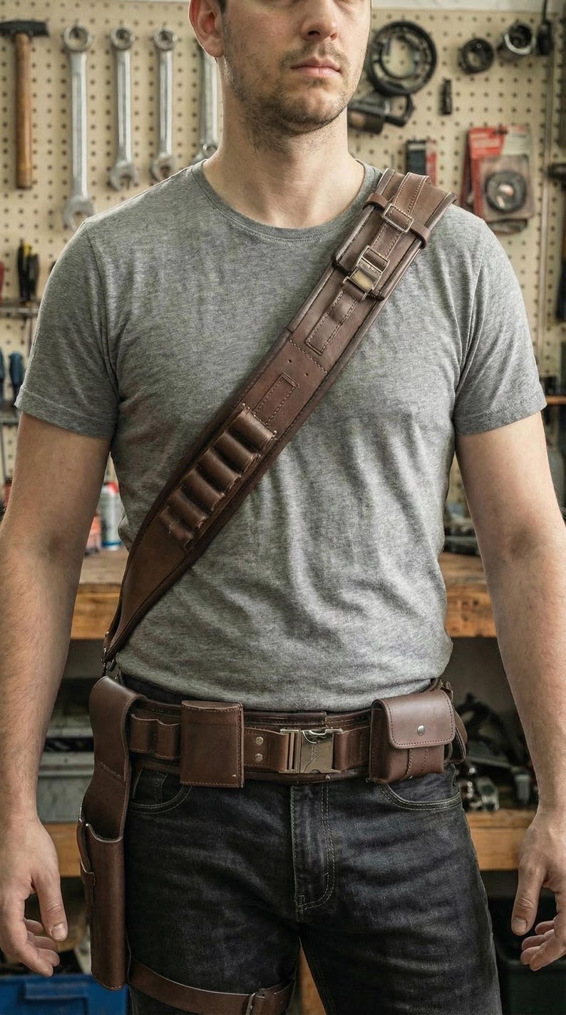 K&ouml;nnte beinhalten: Brauner Leder-Schulterriemen mit Patronenhaltern, kombiniert mit einem passenden G&uuml;rtel mit Taschen und einer Schnalle. Der G&uuml;rtel und der Riemen werden &uuml;ber einem grauen T-Shirt und dunklen Jeans getragen.
