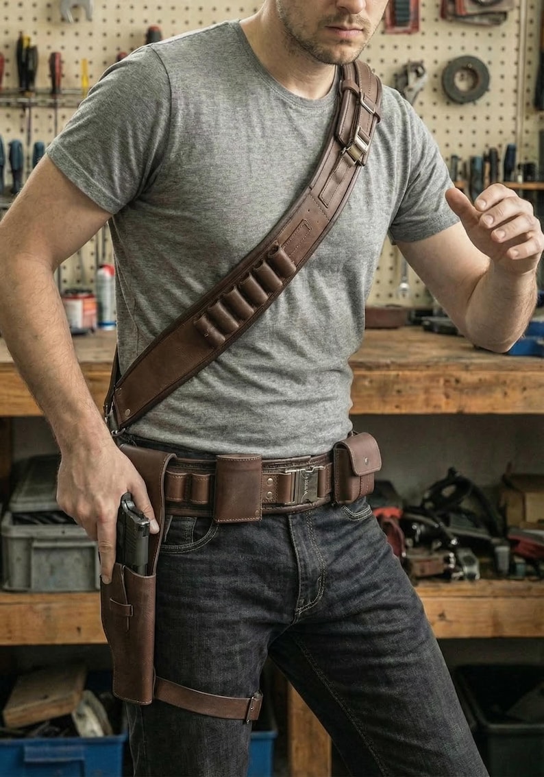 K&ouml;nnte beinhalten: Braune Leder-Waffentasche, G&uuml;rtel und Schulterriemen mit Patronenhaltern. Die Halterung ist am Bein befestigt. Der G&uuml;rtel hat eine Schnalle und zus&auml;tzliche Taschen. Die Person tr&auml;gt ein graues T-Shirt und eine dunkelblaue Jeans.