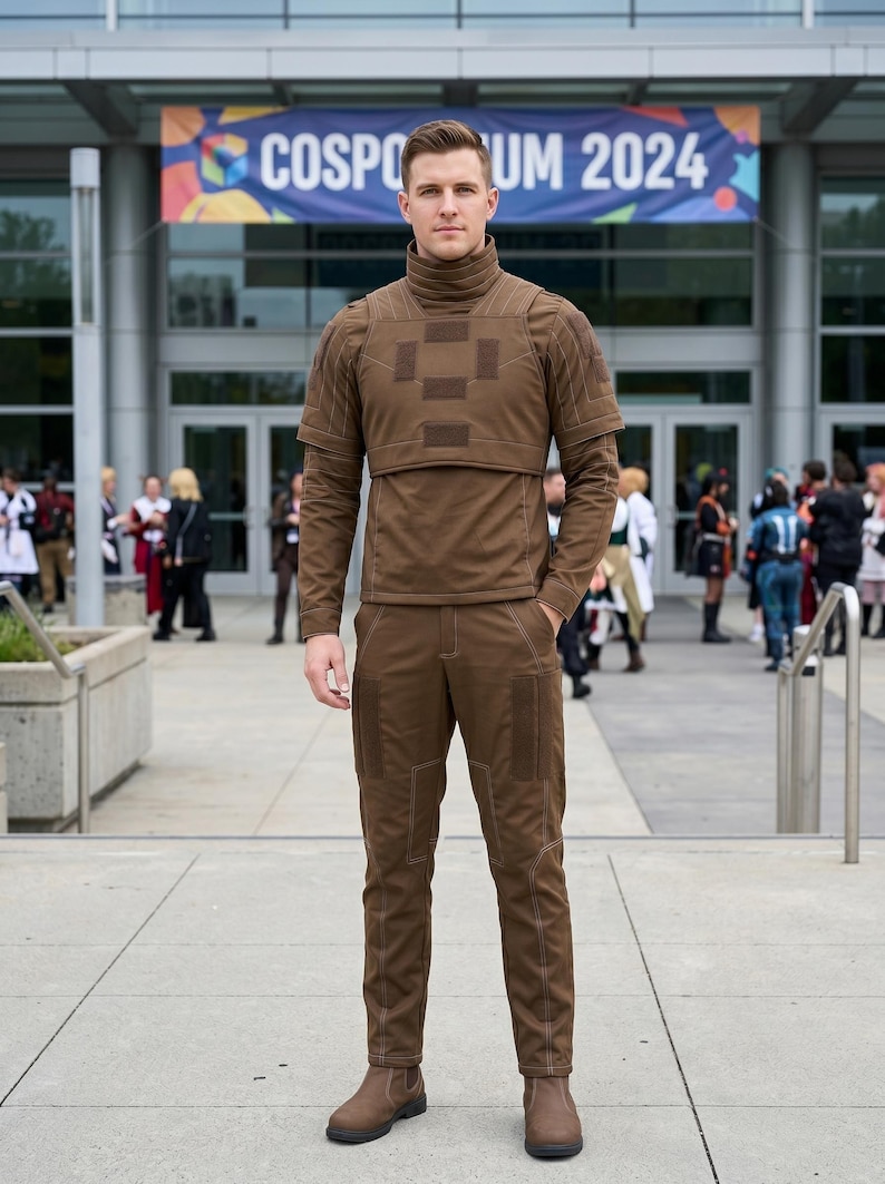 Pode incluir: Uma pessoa vestindo uma roupa de cosplay marrom com gola alta e patches quadrados. A roupa inclui uma blusa de manga comprida, cal&ccedil;as e botas. O fundo apresenta um pr&eacute;dio com uma faixa que diz "COSPORUM 2024".
