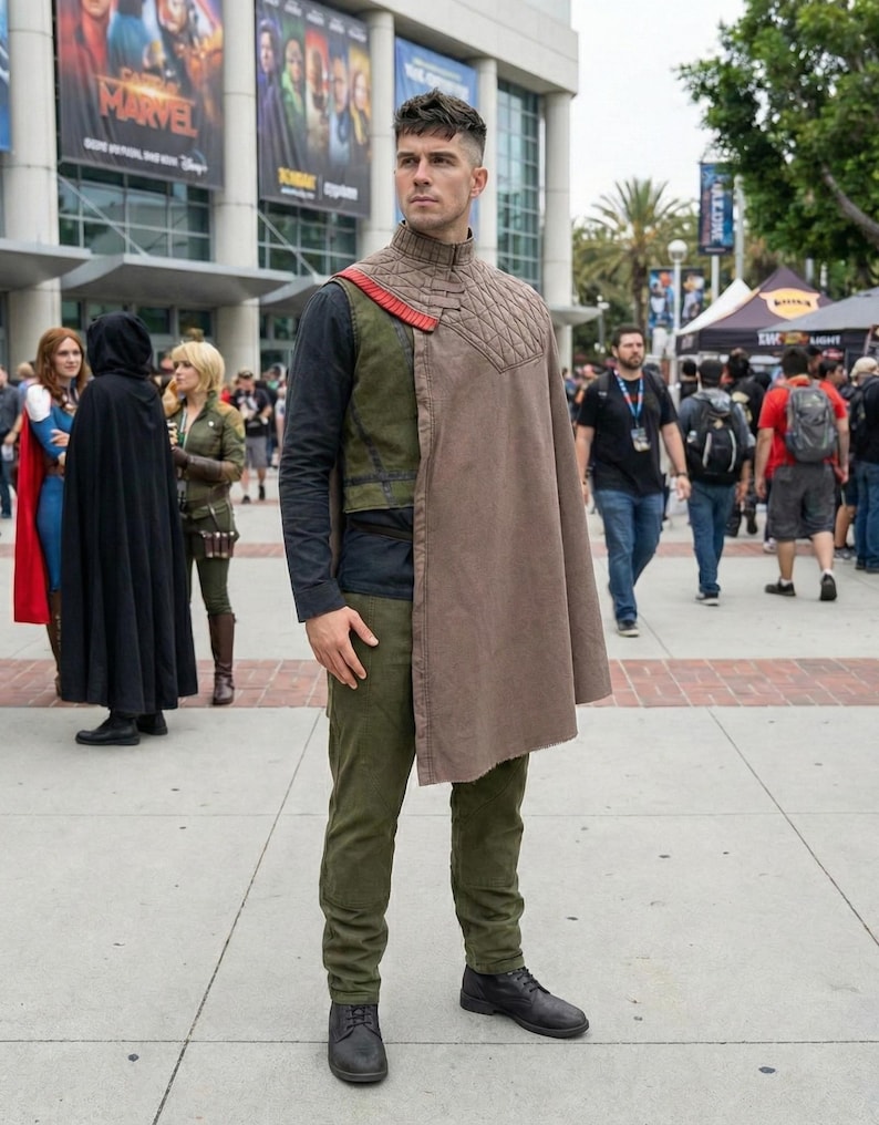 May include: A person in a costume featuring a brown cape, olive green trousers, and black boots. The outfit includes a high-collared top with a quilted design and a red detail. The background shows a convention with posters and other attendees.