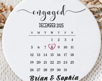 Personalized Engagement Day Keepsake Ornament, Couple Ceramic Bauble, Calendar with Name Newly Engaged Gift