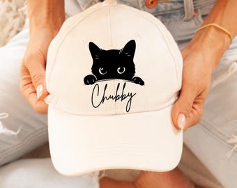 Cat Peeking Dad Hat, Black Kitten Peeking Cap, Funny Womens Gift for Pet Lover DTF Print