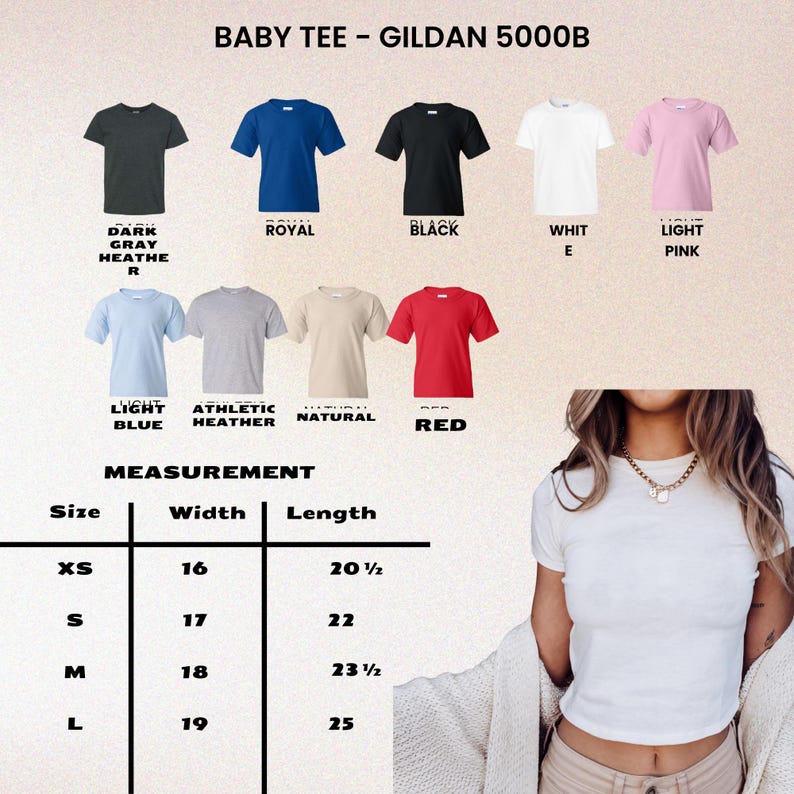 May include: A selection of baby tees in various colors, including dark gray, royal blue, black, white, and light pink. The image also displays light blue, athletic heather, natural, and red tees. Measurements are provided for sizes XS to L.