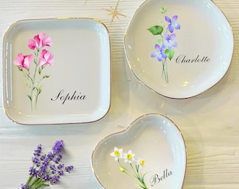 Personalized Boho Birth Flower Ring Trinket Dish Birth Month Flower Ring Dish Birthday Mom Jewelry Wedding Bridesmaid Gift
