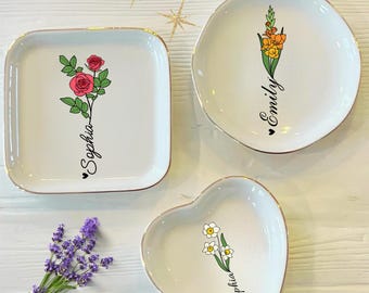 Personalized Boho Birth Flower Ring Trinket Dish Floral Ring Dish, Wedding Bridesmaid Gift Mom Gift Birthday Jewelry Dish