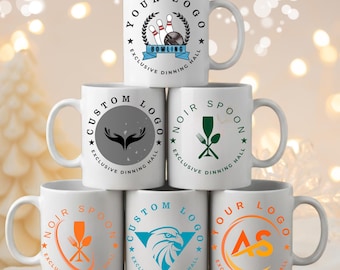 May include: White ceramic mugs with various custom logos. One mug features a bowling design with the text "BOWLING". Other mugs display logos with text like "CUSTOM LOGO" and "NOIR SPOON". The mugs are stacked, showcasing their designs and the phrase "EXCLUSIVE DINNING HALL".