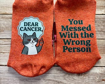 Cancer Warrior Socks: You Messed With Wrong Person Cat Design