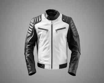 May include: A black and white leather jacket with a stand-up collar and quilted shoulder detailing. The jacket features a central zipper closure and two zippered pockets on the chest. The sleeves and shoulders are black, while the body is white.