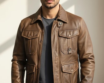 Men's Distressed Brown Leather Field Jacket | Vintage Safari Style  | Genuine Leather Multi-Pocket Hunting Blazer