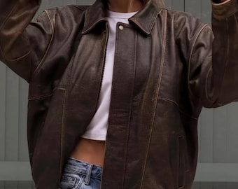 Vintage 80s Lamb Leather Bomber Jacket: Distressed Brown Biker