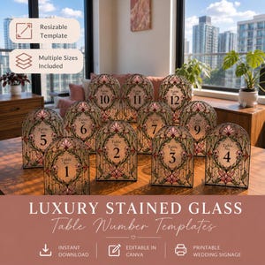 May include: A collection of stained glass table number templates. Each arched card features a floral design and a table number from 1 to 12. The text "Luxury Stained Glass Table Number Templates" is displayed below the cards.