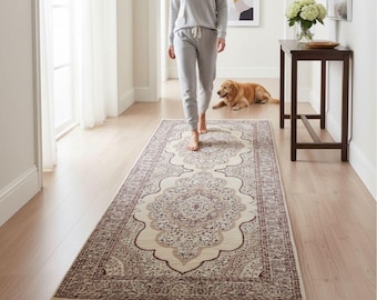 Washable Bamboo Runner Rug, Vintage Turkish Style, Hallway Carpet