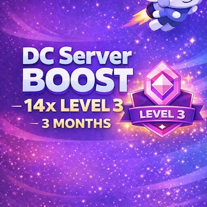 May include: A promotional graphic with a purple and blue starry background. The text "DC Server BOOST" is displayed in large white letters. A cartoon character with a jetpack flies above the text. Additional text includes "- 14x LEVEL 3 - 3 MONTHS".