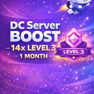 May include: A promotional graphic with a purple and blue starry background. The text "DC Server BOOST" is displayed prominently. Additional text indicates "- 14x LEVEL 3 - 1 MONTH". A cartoon character with a jetpack and a Level 3 badge are also featured.