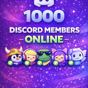 Puede incluir: Gráfico morado y azul con el logotipo de Discord, el número 1000 y las palabras "Discord Members - Online". Cinco personajes de dibujos animados en la parte inferior de la imagen.