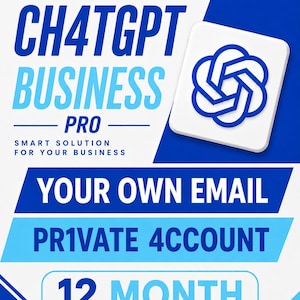 Może przedstawiać: Cyfrowa reklama graficzna zawierająca tekst CH4TGPT BUSINESS PRO, SMART SOLUTION FOR YOUR BUSINESS, YOUR OWN EMAIL, PR1VATE 4CCOUNT oraz 12 MONTH. Projekt wykorzystuje niebiesko-białą kolorystykę z kwadratową ikoną przedstawiającą niebieskie logo.