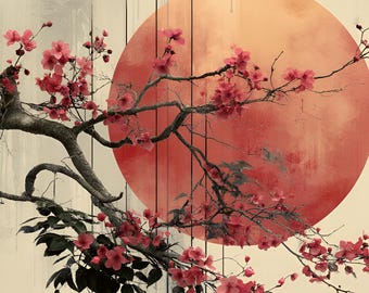 Cherry Blossom Wall Art, Japandi Printable, Red Sun Ink Wash Poster, Digital Download