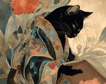 Japanese Black Cat Wall Art, Kimono Cat Printable, Ukiyo-e Poster, Vintage Digital Download