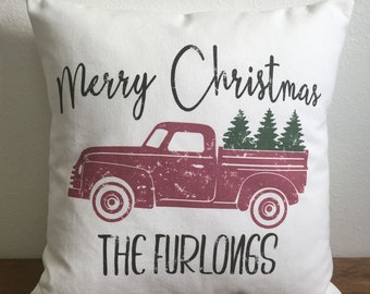 Merry Christmas Vintage Truck Pillow with Family Name, 12", 14", 16", 18", 20"  LR-322
