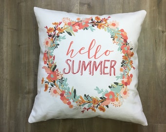 Hello Summer Pillow with Floral Wreath, 12", 14", 16", 18"