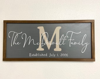 Framed Family Name Sign with Initial, Last Name and Est Date - Colors of Your Choice  - 11.5X25.5  LR-229