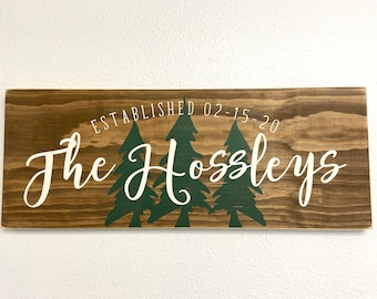 Last Name Sign - Family Name Sign with Trees and Est. Date - Rustic Farmhouse Family Sign in Custom Colors 9.25x24 LR-224