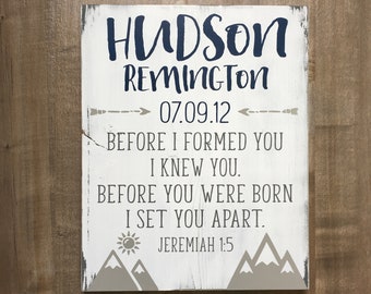 Child's name and birth date sign with mountains, arrows and Bible verse - - 11.25X14 -  LR-178