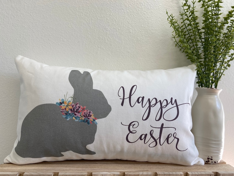 12X20 12X16 Easter Bunny Pillow with Floral Wreath and Happy Easter or Hello Spring 14X24