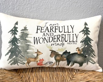I am fearfully and wonderfully made child's pillow  - woodland animals - watercolor animals, sizes 12X16, 12X20, 14X24  LR-425