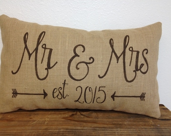 Mr & Mrs pillow, Established date Pillow, Arrows Pillow, Mr and Mrs Wedding Pillow, wedding gift, 12X16, 12X20, 14X24   LR-476