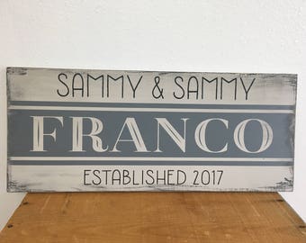 Family Name and Established Date Wood Sign - Farmhouse Style Sign with Vintage Inspired Feedsack Design in Custom Colors 9.25X22 - LR-110