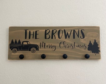 Christmas Stocking holder sign Personalized with Family name - Vintage Truck, Christmas Trees and Merry Christmas - 9.25X36  LR-599