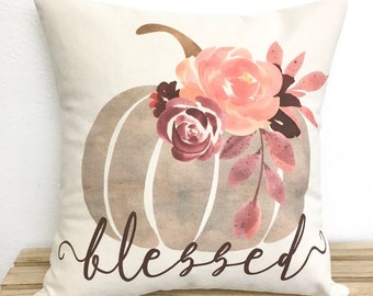 Blessed Pillow with Pumpkin, Floral Pumpkin Pillow with Blessed, Thanksgiving, Halloween Pillow Decor, 12", 14", 16", 18", 20"  LR-309