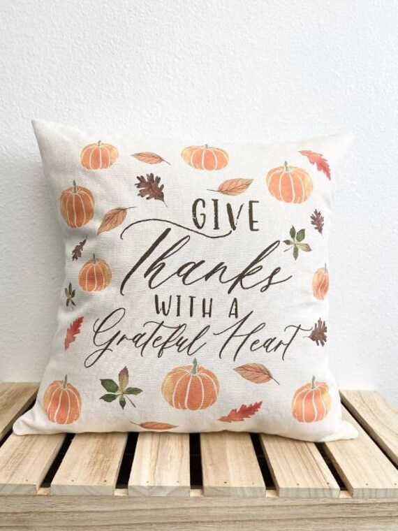Thanksgiving Pillow: Watercolor Pumpkins and Fall Leaves, Farmhouse Decor