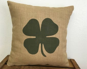 Shamrock Pillow, Four Leaf Clover Pillow, St. Patrick's Day Pillow, Burlap Shamrock Pillow, 12X12, 14X14, 16X16, 18X18, 20X20  LR-606