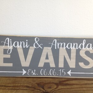 Personalized family sign distressed couple wedding gift family last name, first names, established date with arrows LR-080 image 2