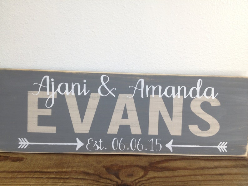 Personalized family sign distressed couple wedding gift family last name, first names, established date with arrows LR-080 image 2