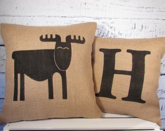 Elk Pillow, Moose Pillow, Child's Elk Pillow, Woodsy Nursery Pillow, Child's Moose Pillow 14X14, Monogram Pillow, Initial Pillow 12X12