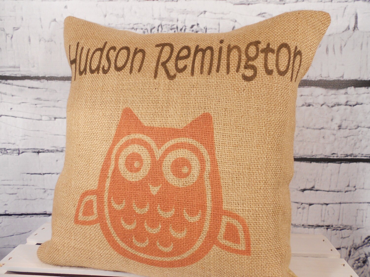 Owl burlap pillow personalized with name rustic nursery Etsy
