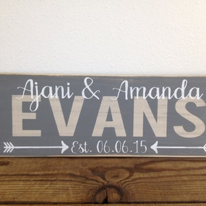 Personalized family sign distressed couple wedding gift family last name, first names, established date with arrows LR-080 image 1