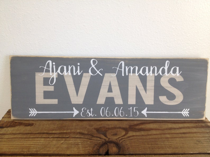 Personalized family sign distressed couple wedding gift family last name, first names, established date with arrows LR-080 image 1