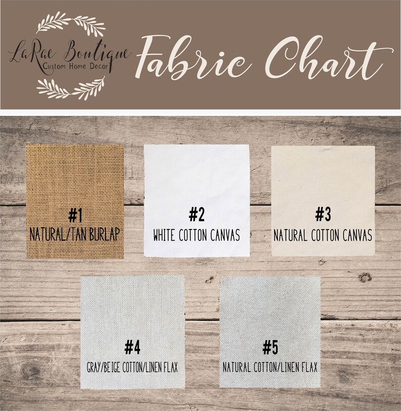 May include: Fabric chart with five different fabric swatches. The swatches are labeled with numbers and descriptions: #1 Natural/Tan Burlap, #2 White Cotton Canvas, #3 Natural Cotton Canvas, #4 Gray/Beige Cotton/Linen Flax, #5 Natural Cotton/Linen Flax.