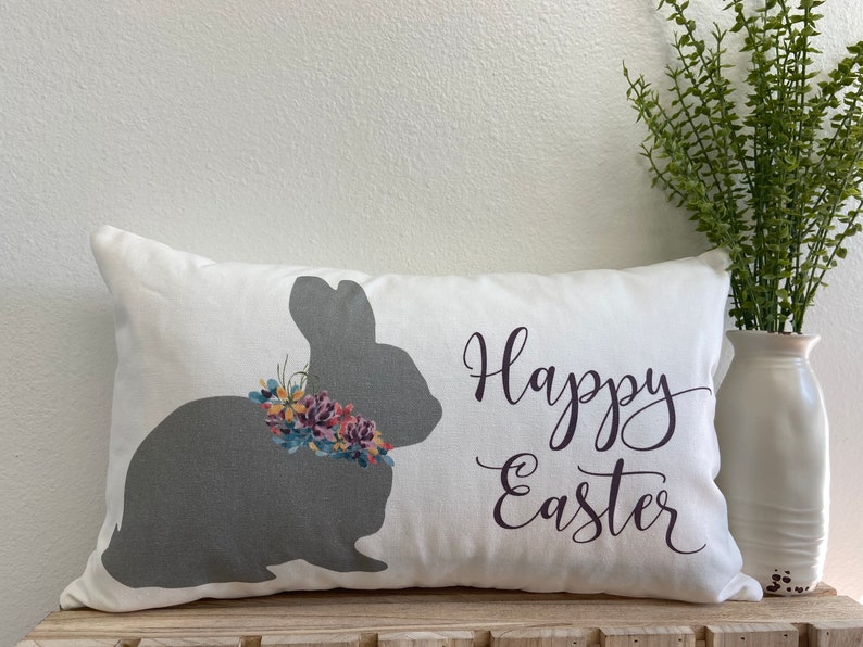 12X20 12X16 Easter Bunny Pillow with Floral Wreath and Happy Easter or Hello Spring 14X24